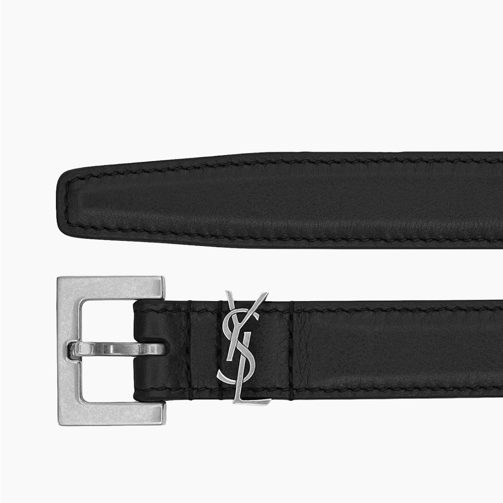 YSL Saint Laurent Thin Belt Square Buckle Smooth Leather Black Silver 75 X-small - Picture 3 of 7